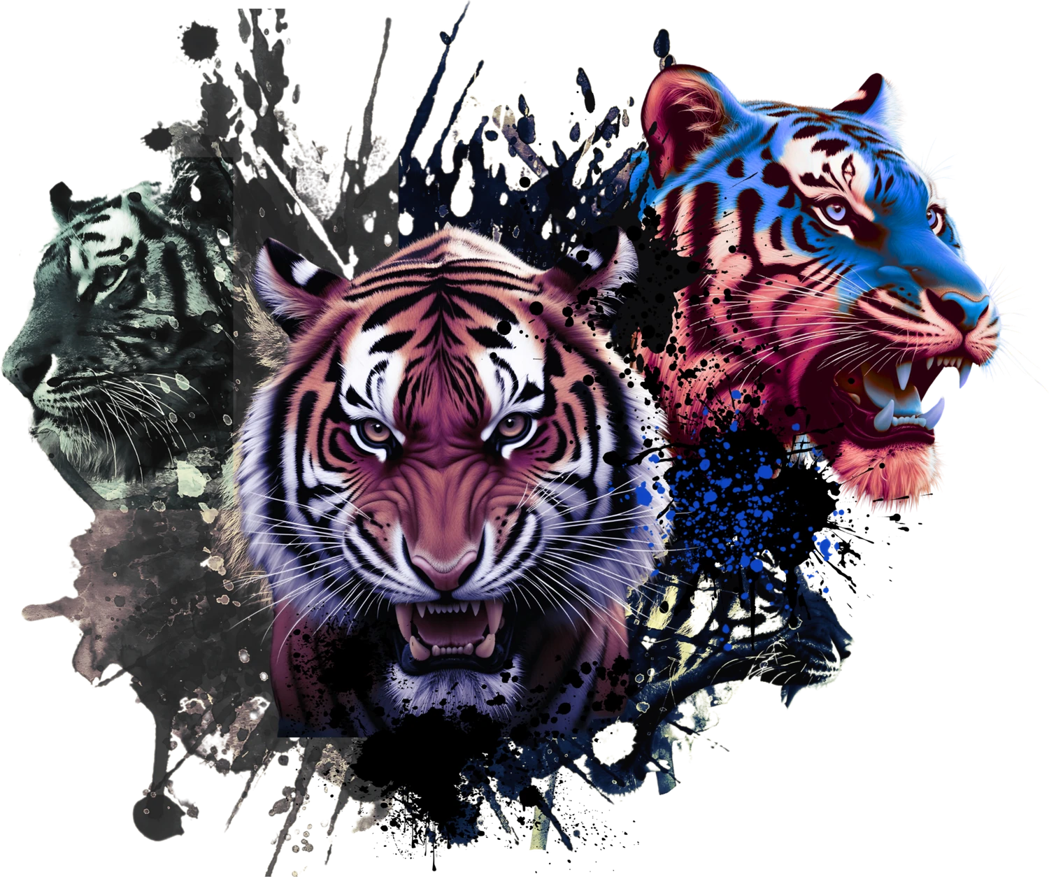 Level Up Graphics artwork featuring three colorful tigers
