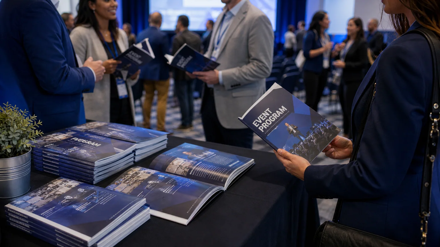 Printed booklets, catalogs and programs arranged for a business presentation