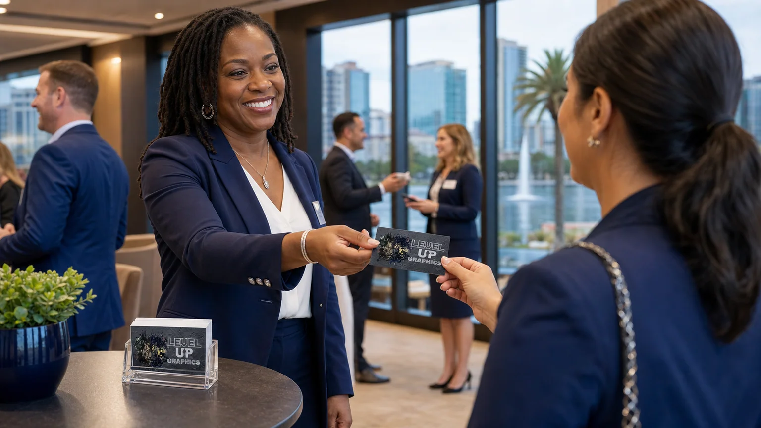 Realistically proportioned Level Up business card exchanged at a networking event