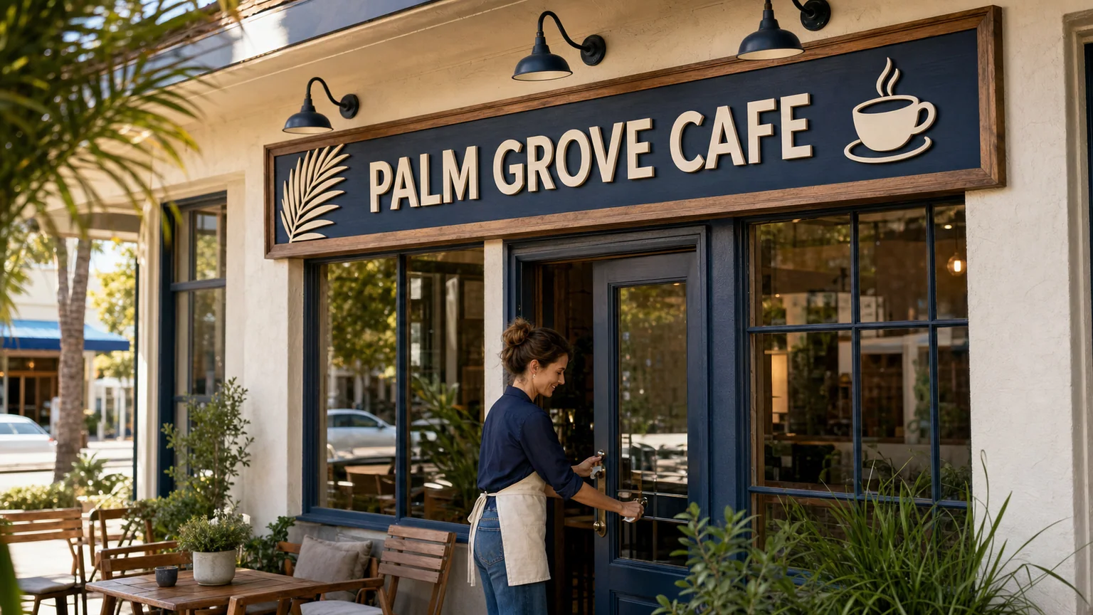 Custom-routed Palm Grove Cafe storefront sign installed above an entrance