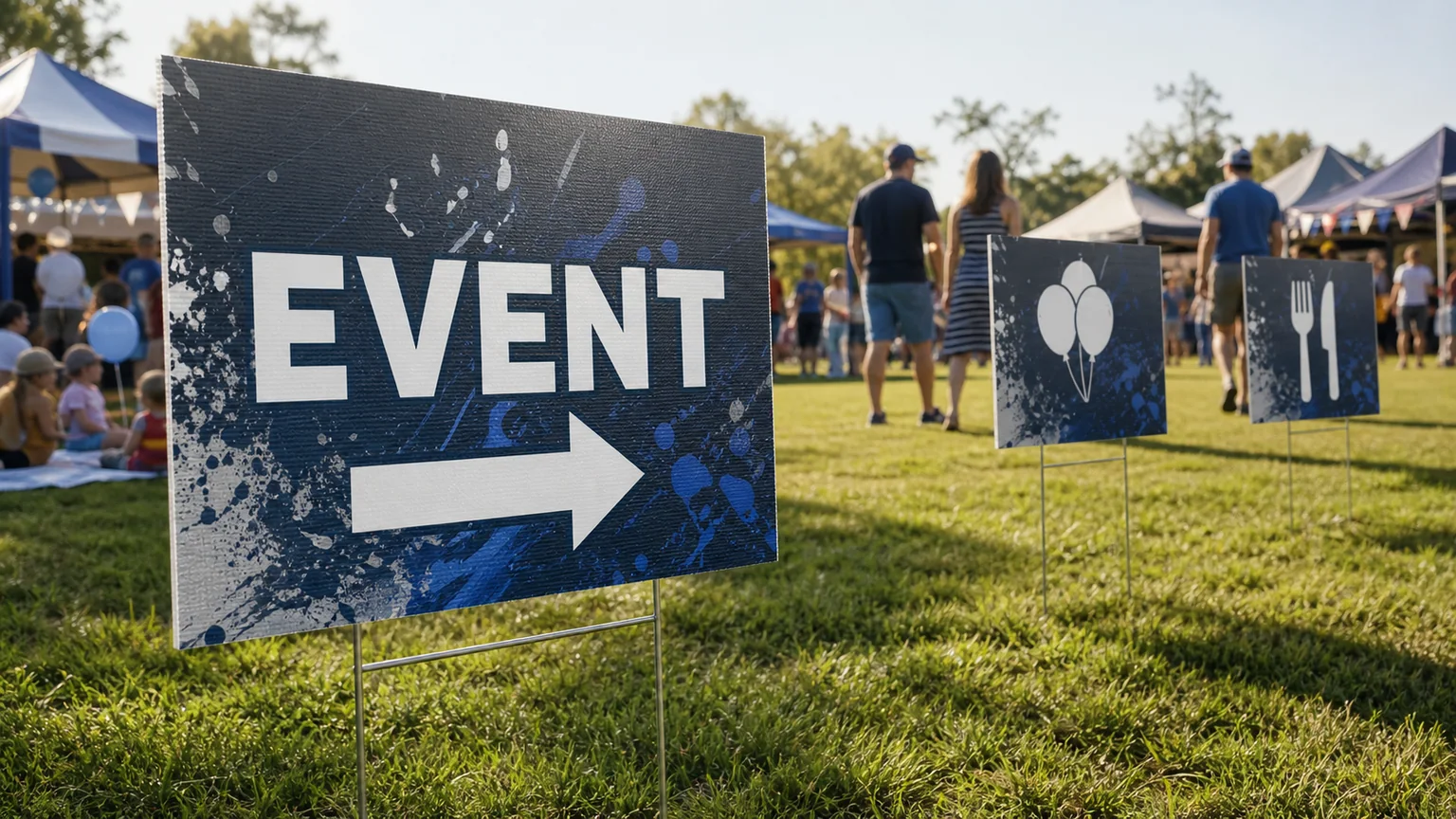 Custom coroplast signs guiding guests at an outdoor event