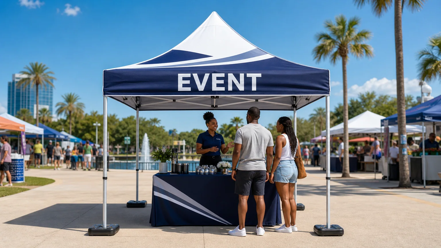 Complete custom event tent with its roof, valance, legs and weighted bases fully visible