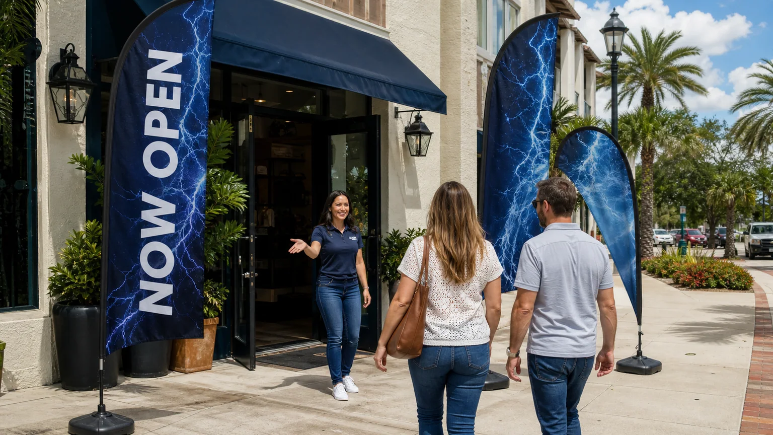 Custom feather flags attracting attention outside a local business