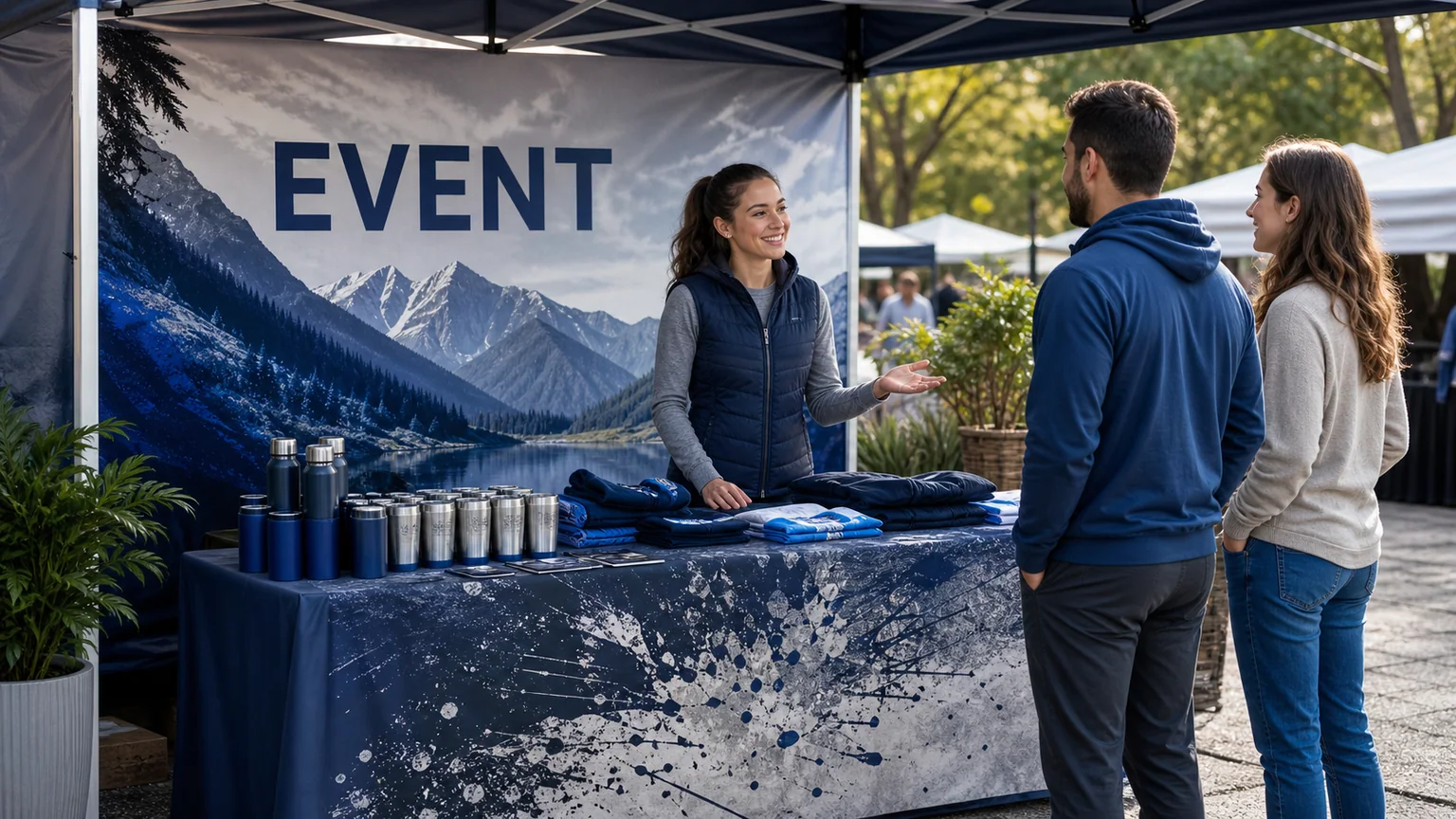 Branded table cover and event backdrop shown clearly in use