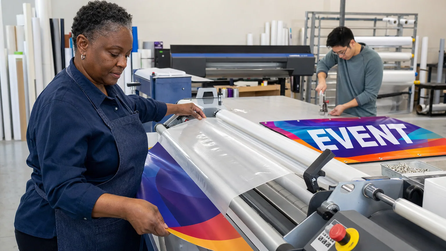 Two distinct production workers laminating and finishing a printed event banner