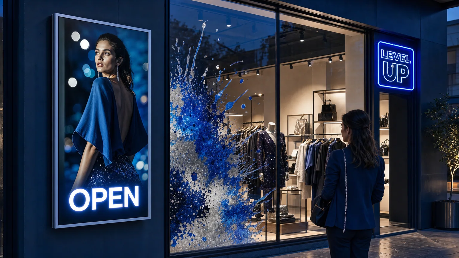 Illuminated lightbox and neon graphics creating a vivid storefront display
