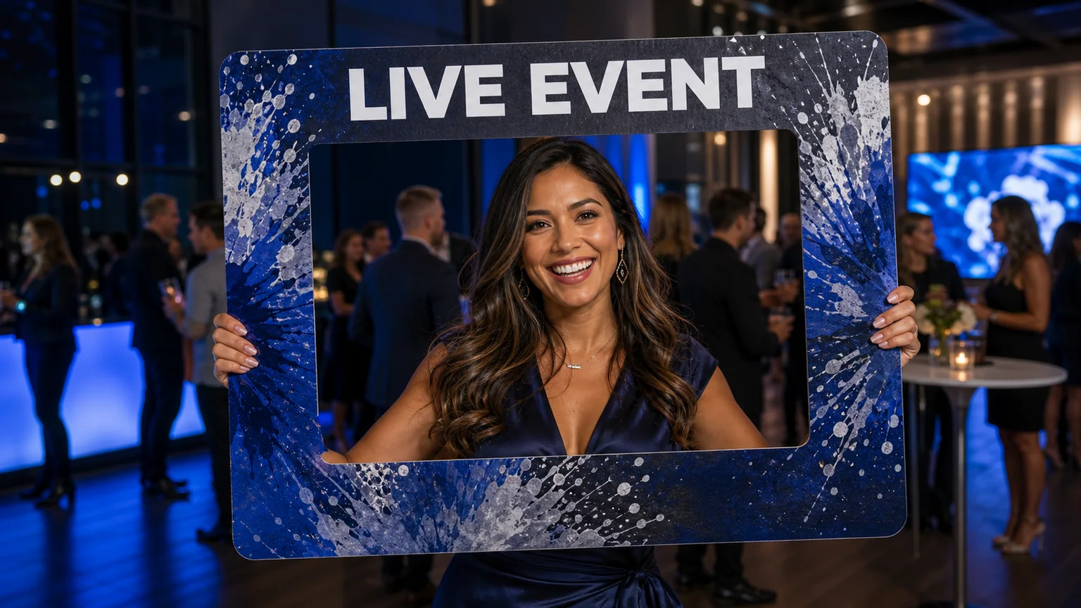 Woman holding a custom Live Event photo-frame prop