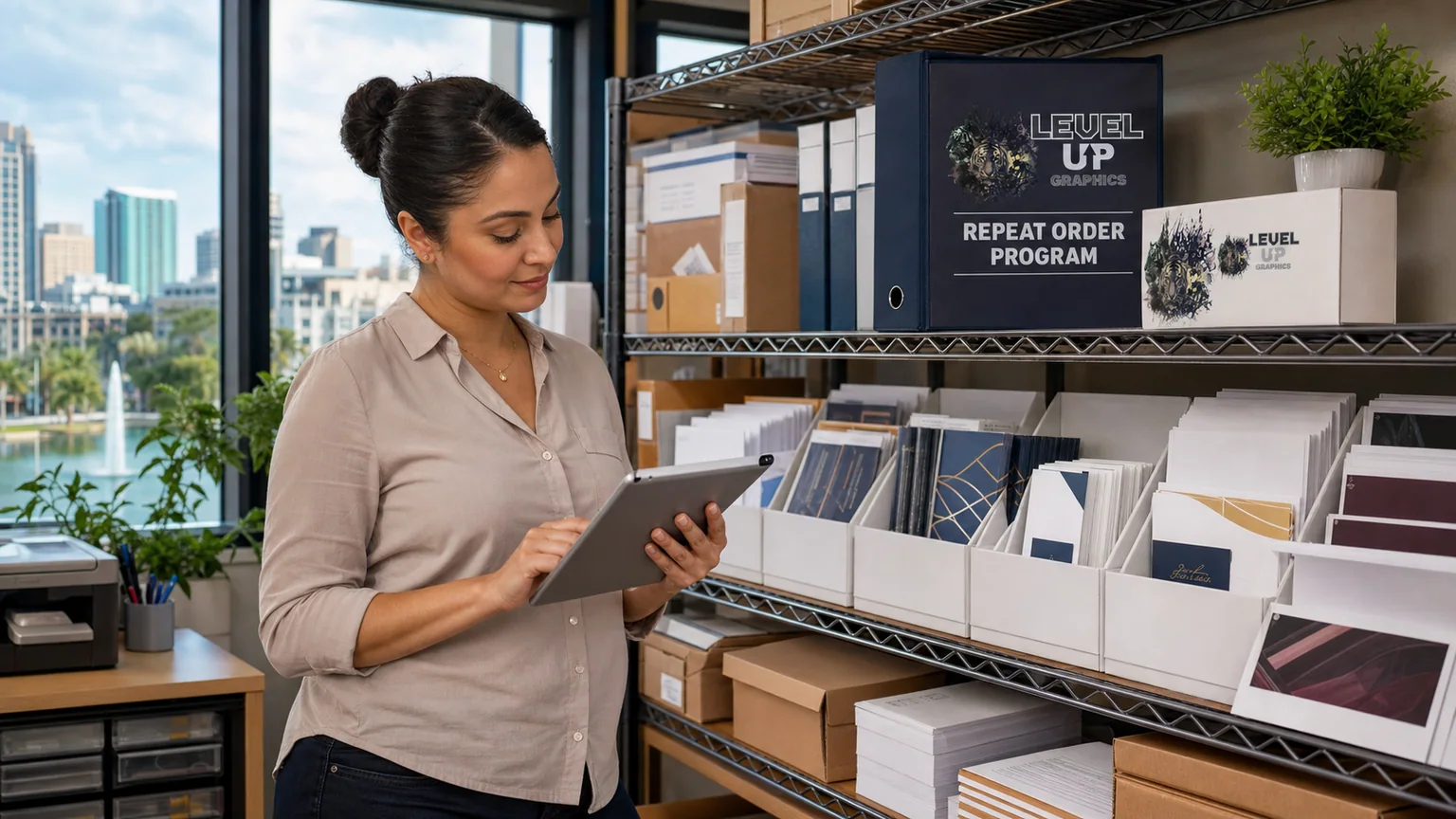 Organized Level Up repeat-order materials managed from a small-business stockroom