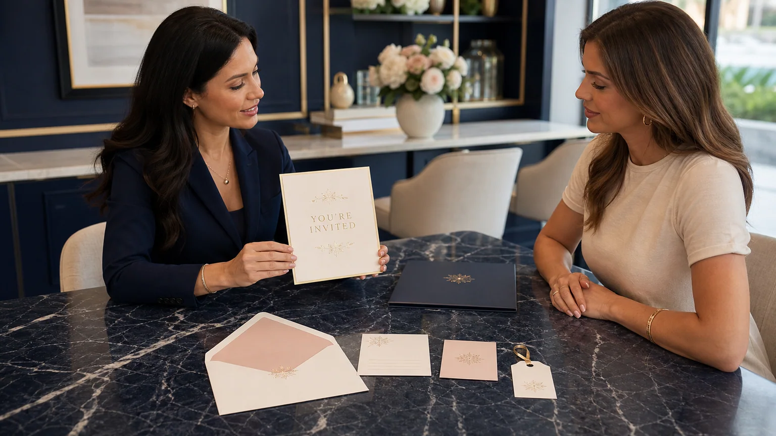 Premium invitation suite fully supported on a large consultation table