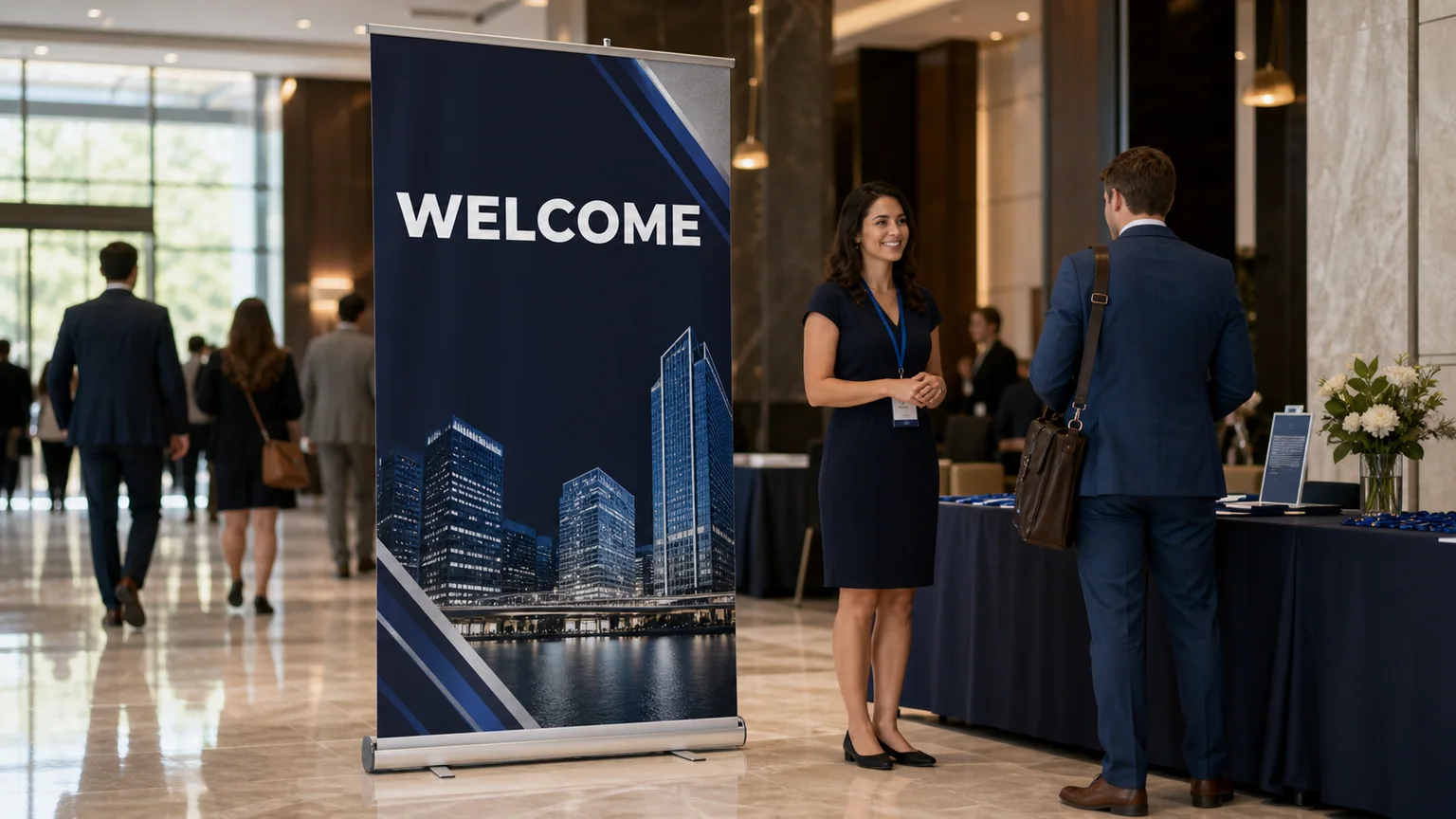 Retractable banner stand welcoming guests at a professional event