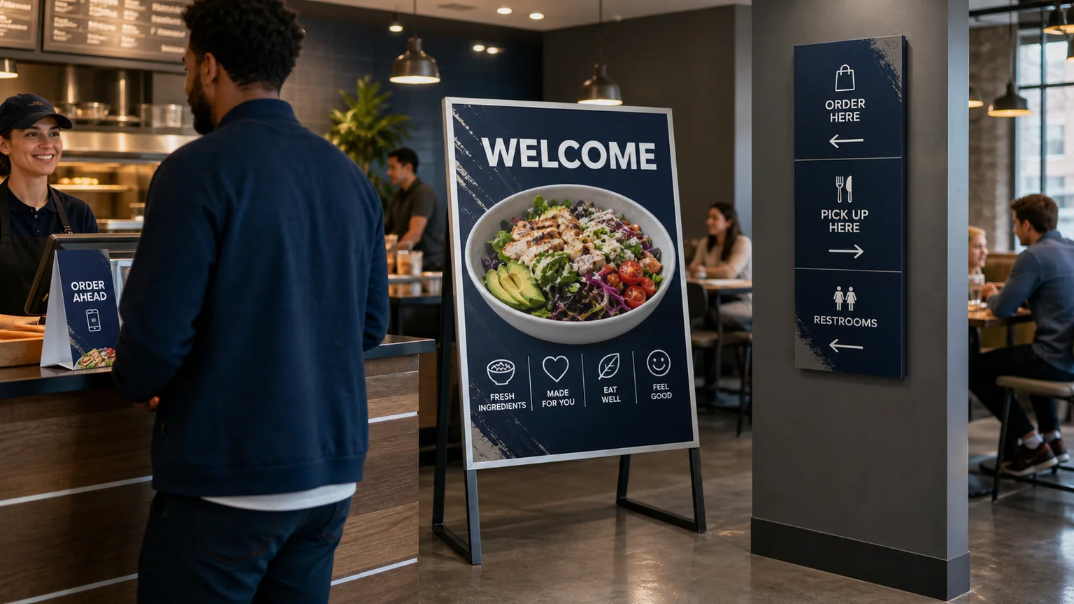Rigid sign boards displayed in a professional business setting