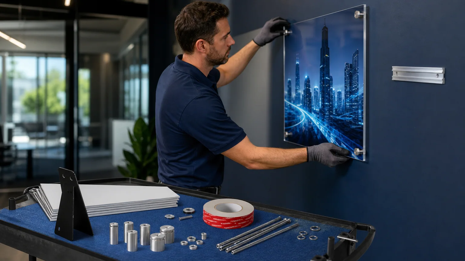 Professional installer mounting an acrylic wall display
