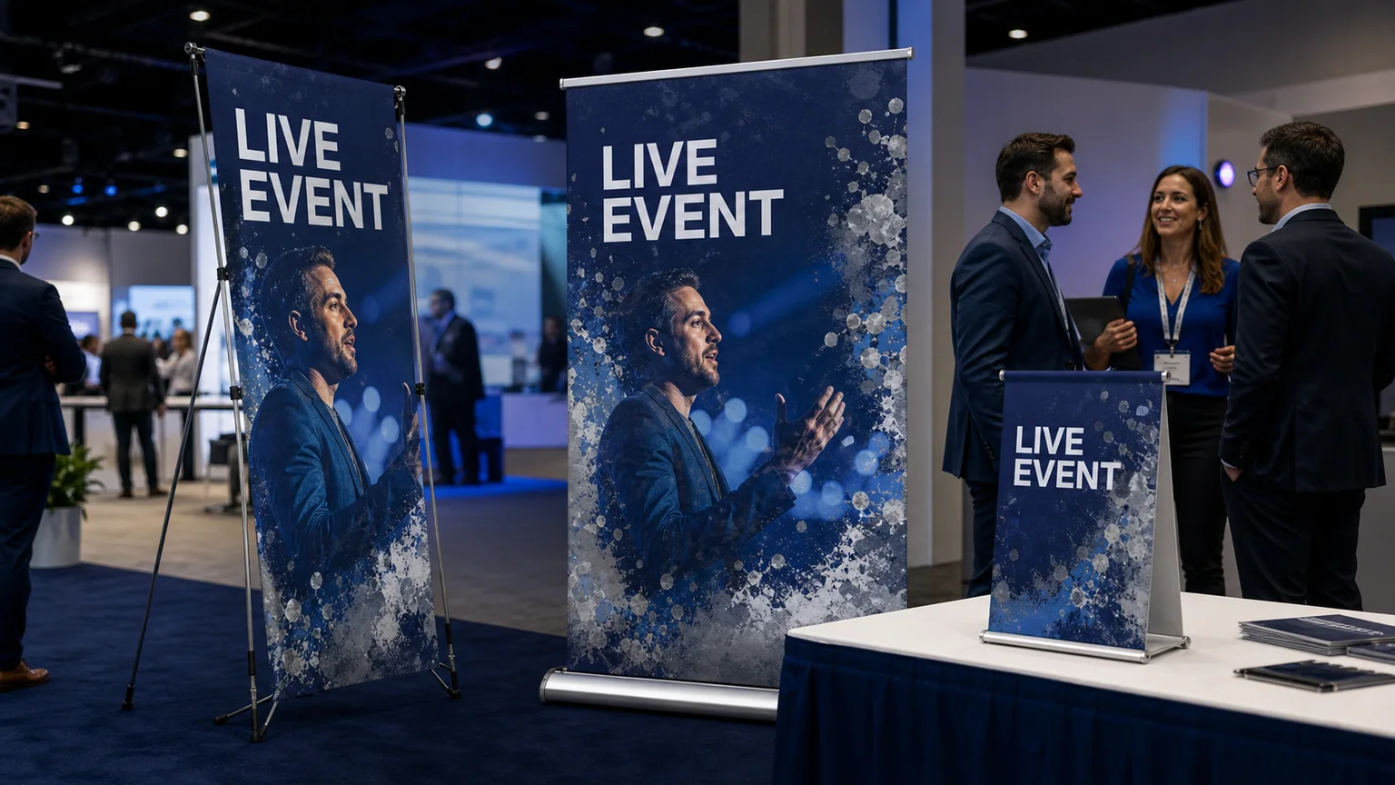 Several specialty banner stand formats in use at a professional event