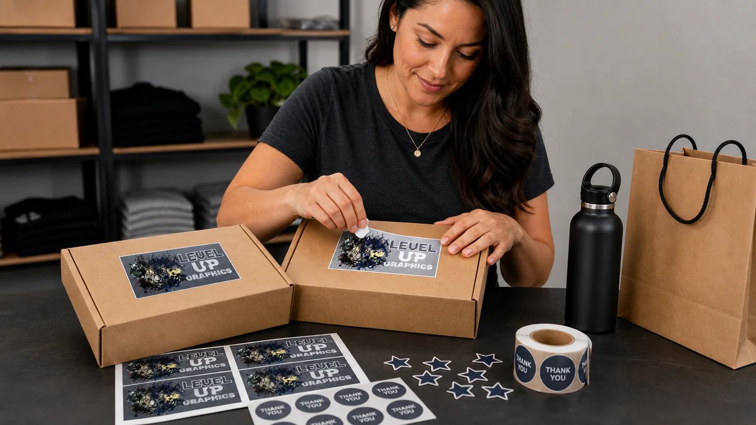 Cohesive product packaging with Level Up logo, thank-you and icon stickers