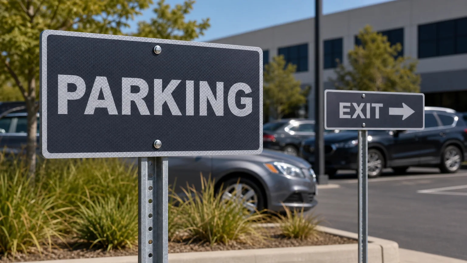 Parking and safety signs installed in a commercial property setting